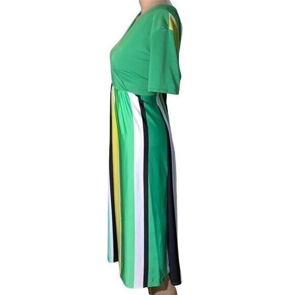 Bella Flore Womens Midi Dress Striped Empire Waist Wrap Front Green Large - Picture 5 of 10